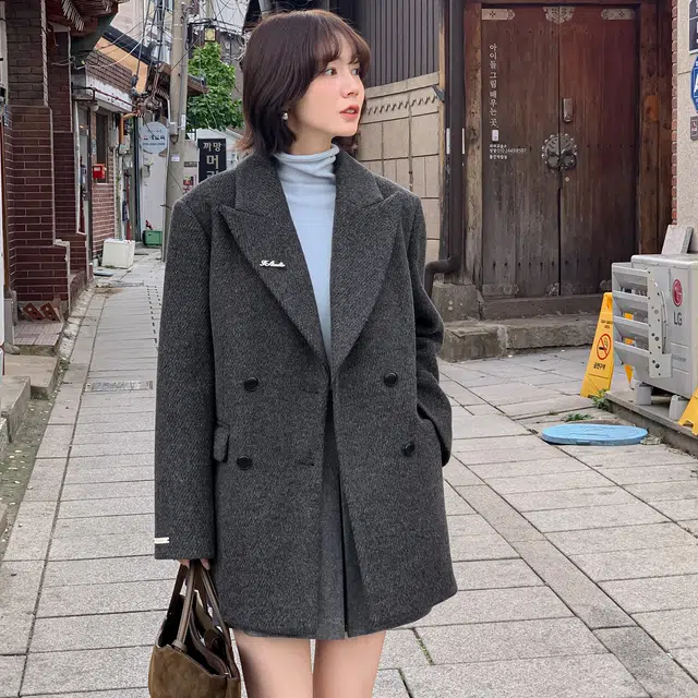 法儿家 通勤笔记 韩系小个子毛呢西装领休闲长袖绒感外套 女款 灰色