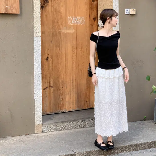 法儿家 栀子花墙韩系纯棉蕾丝拼接刺绣半身休闲长裙 女款