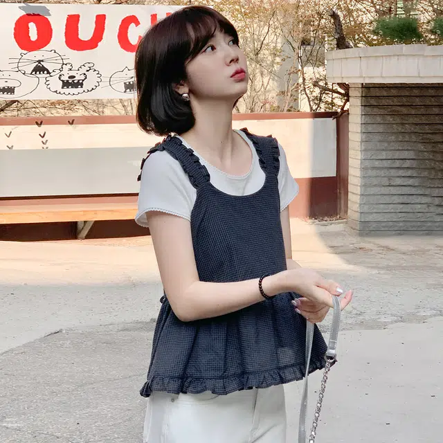 法儿家 蓝调小岛韩系甜美氛围感外穿格纹上衣吊带 女款 藏蓝色