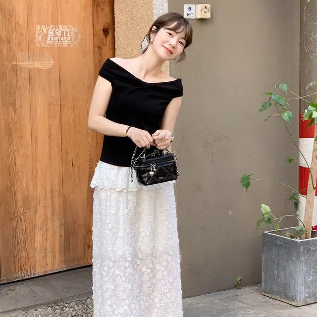 法儿家 栀子花墙韩系纯棉蕾丝拼接刺绣半身休闲长裙 女款