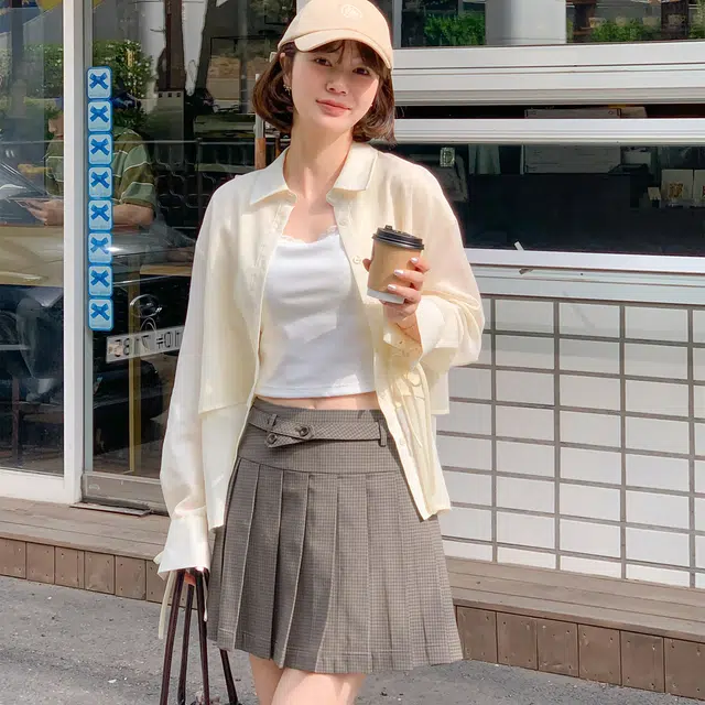 法儿家 冰摩卡半裙夏季韩系学院风格纹百褶时尚休闲短裙 女款