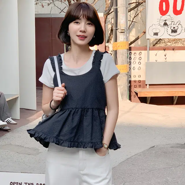 法儿家 蓝调小岛韩系甜美氛围感外穿格纹上衣吊带 女款 藏蓝色