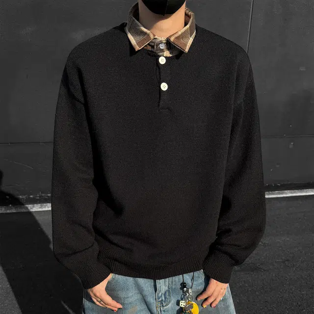 快鱼 潮流高街纯色简约格子翻领假两件打底上衣宽松休闲慵懒套头舒适百搭长袖毛衣 男女同款