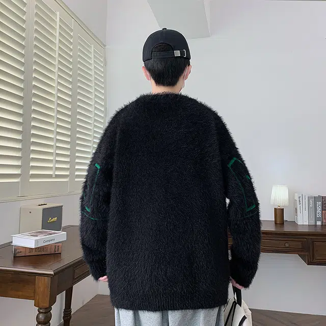 快鱼 美式复古高街学院风纯色字母印花圆领落肩袖设计潮流时尚宽松休闲舒适百搭毛衣打底针织衫 男女同款