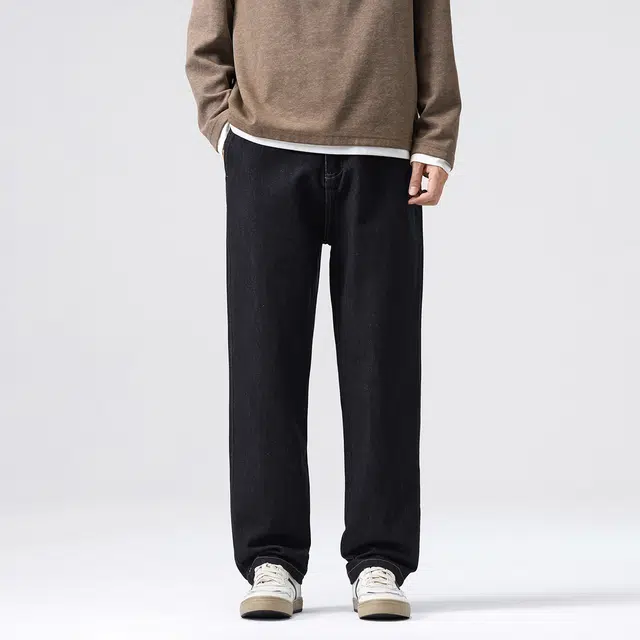 快鱼 高级感纯色简约复古水洗做旧美式高街潮流宽松显瘦休闲垂感通勤百搭直筒牛仔裤 男女同款