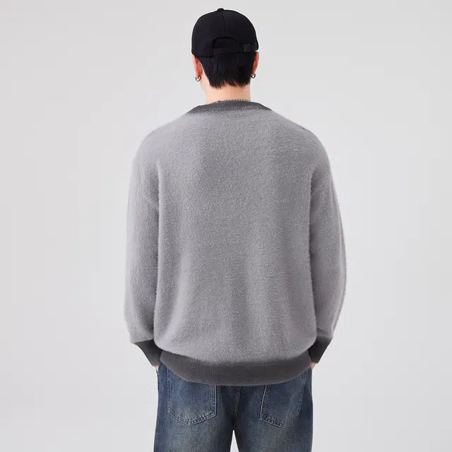 快鱼 美式复古高街学院风仿貂毛字母印花拼色渐变高级感设计宽松休闲舒适百搭落肩套头打底衫毛衣 男女同款