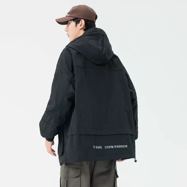 快鱼 美式复古简约纯色拼接字母印花城市户外山系工装防风通勤百搭宽松休闲连帽夹克外套 男女同款