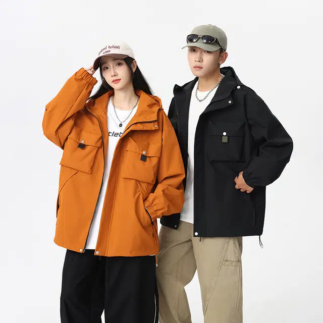 快鱼 美式复古简约纯色潮牌户外山系机能工装多口袋休闲运动防风防水宽松百搭连帽夹克外套 男女同款