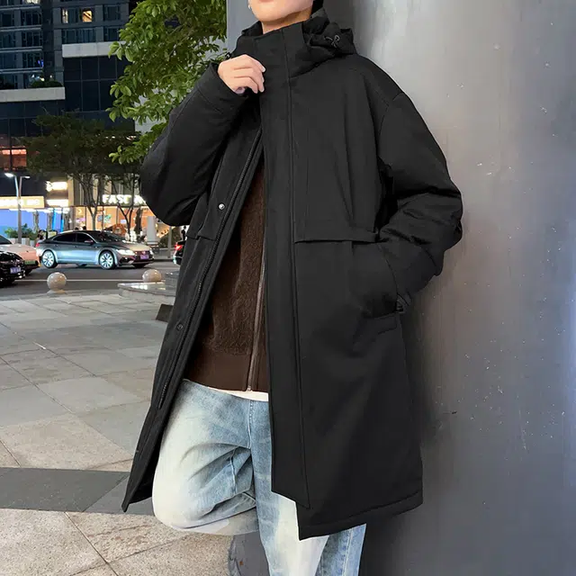 快鱼 美式高街复古纯色经典连帽中长款过膝面包服休闲宽松百搭保暖防风抗寒户外雪地外套棉服 男女同款