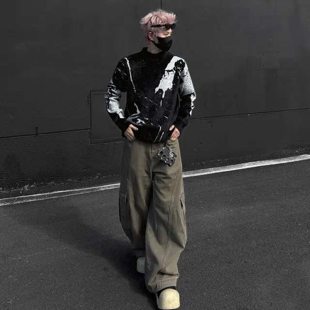 快鱼 高级绒感美式高街系列不规则泼墨扎染半高领设计舒适慵懒宽松内搭加厚保暖打底针织长袖毛衣 男女同款