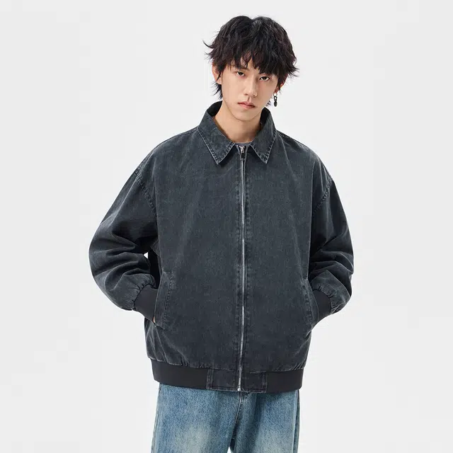 快鱼 美式复古高街纯色做旧重水洗简约高级感宽松翻领潮流百搭痞帅牛仔外套 男女同款
