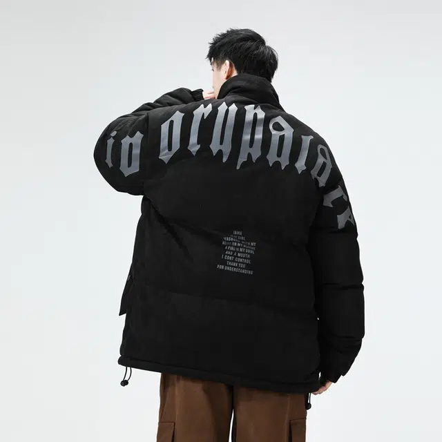 快鱼 美式高街立领麂皮绒字母设计图案潮流时尚保暖舒适面包服宽松休闲加厚抗寒百搭长袖棉袄外套棉服 男女同款