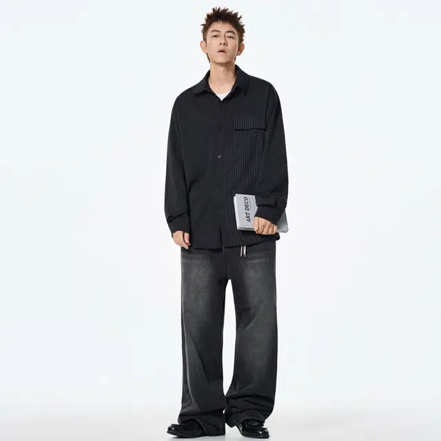 快鱼 美式高街学院风纯色条纹设计简约时尚休闲潮流百搭落肩单排扣长袖衬衫 男女同款