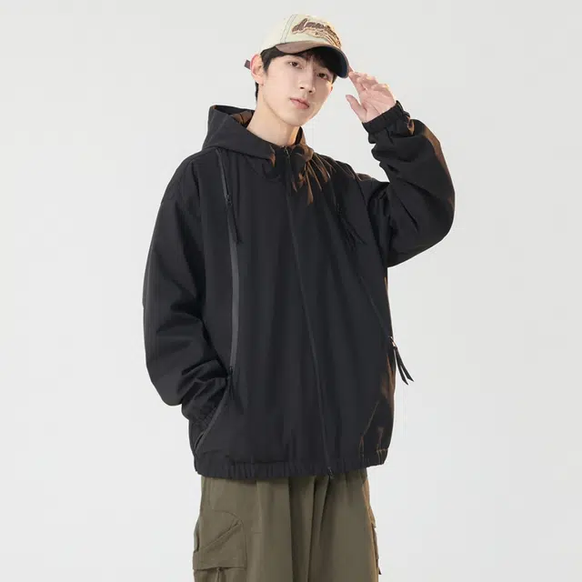 快鱼 美式高街简约复古户外山系工装机能纯色拼接拉链设计感飞行员落肩防风防水通勤百搭宽松休闲教练连帽夹克外套 男女同款