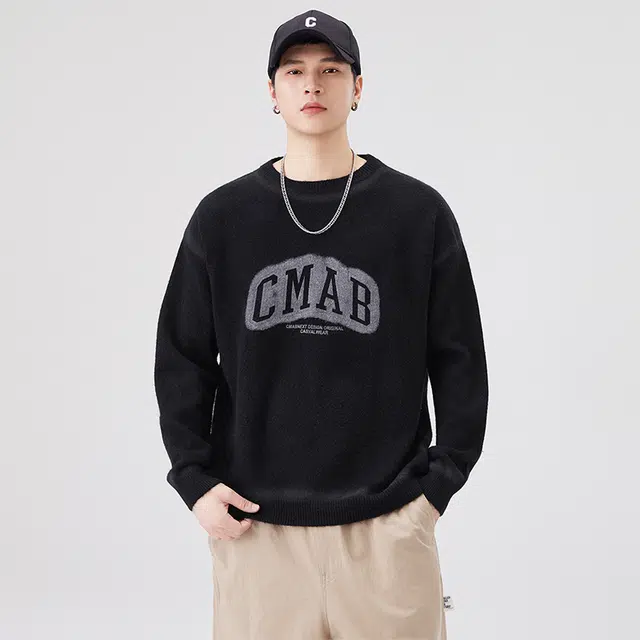 快鱼 美式高街潮流学院风纯色字母印花圆领宽松休闲时尚百搭日常通勤长袖打底衫毛衣 男女同款