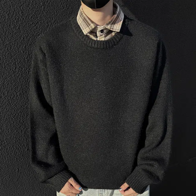 快鱼 时尚潮流格子翻领拼接假两件内搭上衣韩系慵懒风小众设计感长袖保暖舒适百搭毛衣 男女同款