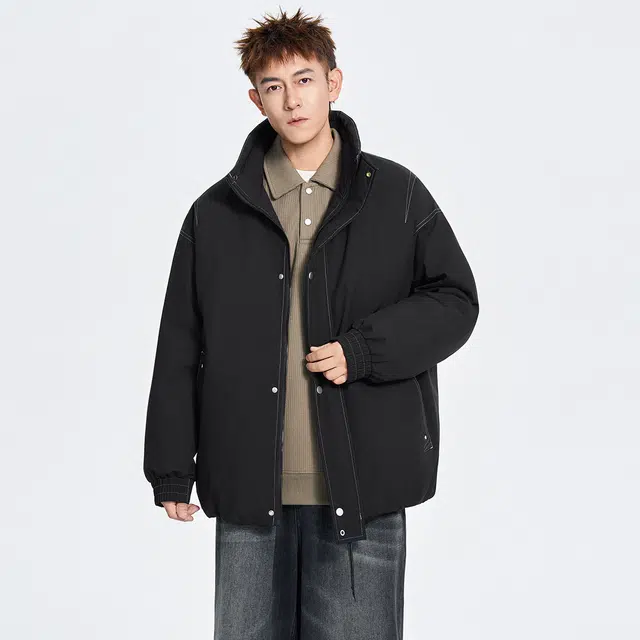 快鱼 美式复古纯色拼接百搭舒适立领防风抗寒工装棉袄外套时尚休闲宽松落肩飞行员教练夹克棉服 男女同款