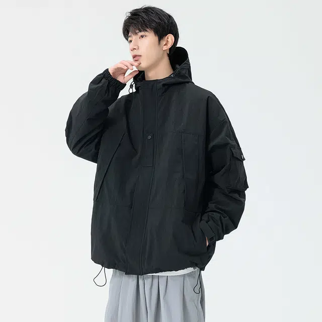 快鱼 简约纯色户外复古美式城市机能山系工装多口袋设计防风防水宽松休闲连帽夹克外套 男女同款