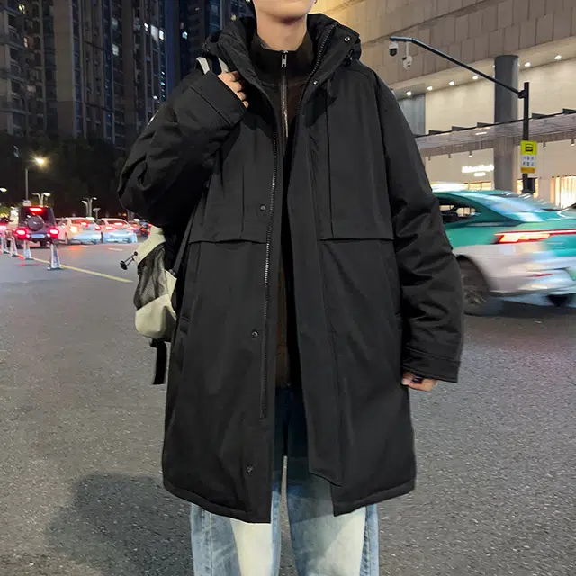 快鱼 美式高街复古纯色经典连帽中长款过膝面包服休闲宽松百搭保暖防风抗寒户外雪地外套棉服 男女同款