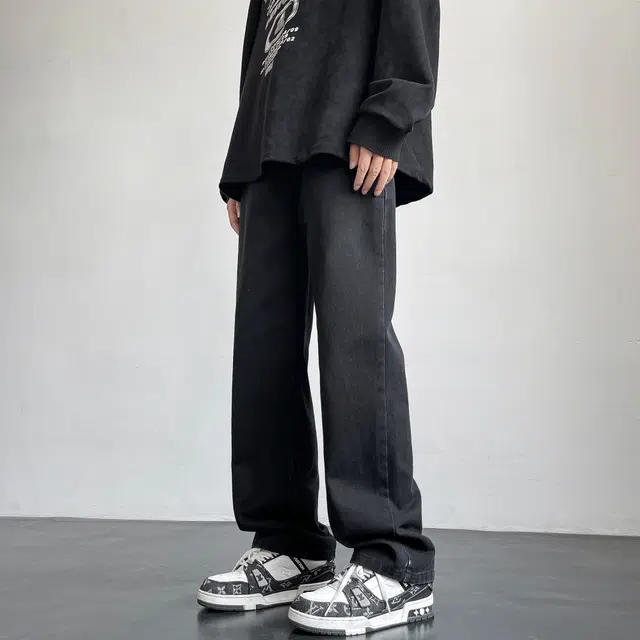 快鱼 复古纯色水洗工艺宽松休闲做旧阔腿直筒牛仔裤 男女同款