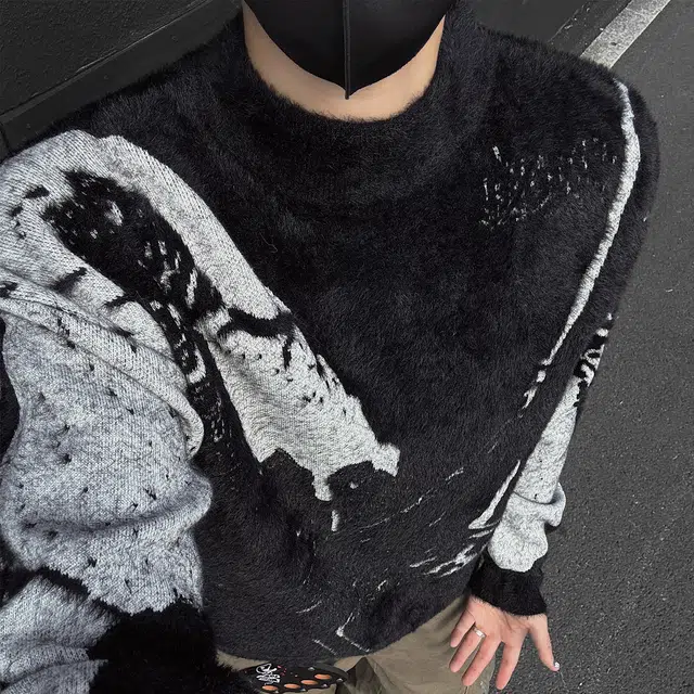 快鱼 高级绒感美式高街系列不规则泼墨扎染半高领设计舒适慵懒宽松内搭加厚保暖打底针织长袖毛衣 男女同款