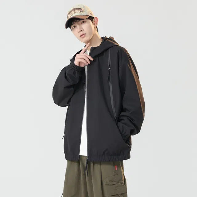 快鱼 美式高街简约复古户外山系工装机能纯色拼接拉链设计感飞行员落肩防风防水通勤百搭宽松休闲教练连帽夹克外套 男女同款