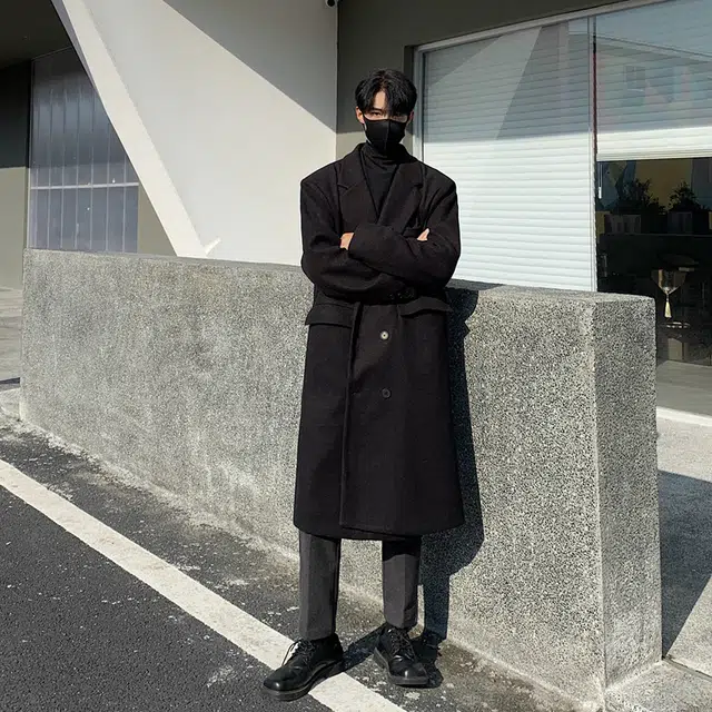 快鱼 轻熟风韩版纯色双排扣设计休闲宽松户外通勤长款外套大衣 男女同款
