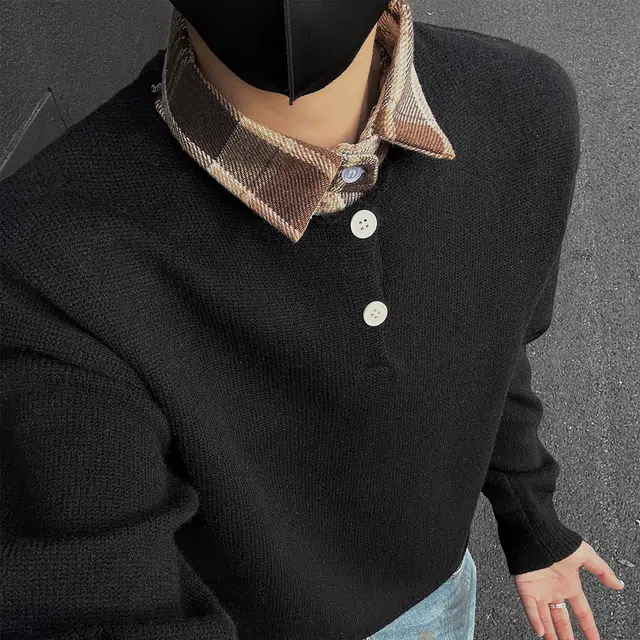 快鱼 潮流高街纯色简约格子翻领假两件打底上衣宽松休闲慵懒套头舒适百搭长袖毛衣 男女同款