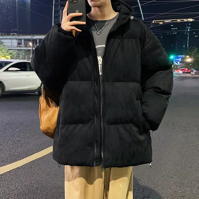 快鱼 潮牌麂皮绒美式复古街头风纯色时尚舒适连帽加厚面休闲百搭宽松落肩防风保暖抗寒长袖棉服 男女同款