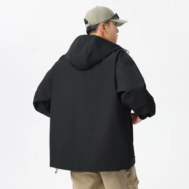 快鱼 美式复古简约纯色潮牌户外山系机能工装多口袋休闲运动防风防水宽松百搭连帽夹克外套 男女同款