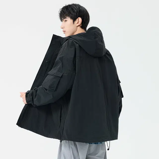 快鱼 简约纯色户外复古美式城市机能山系工装多口袋设计防风防水宽松休闲连帽夹克外套 男女同款