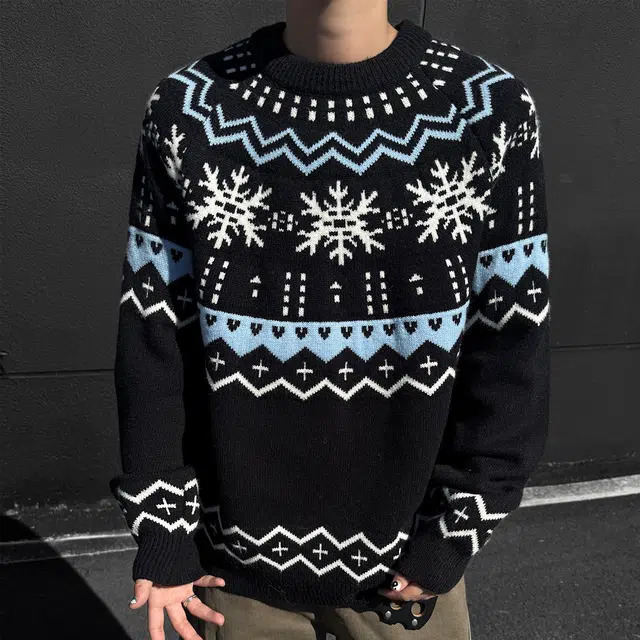 快鱼 潮流时尚复古圆领提花设计针织打底衫休闲百搭宽松通勤套头插肩舒适保暖毛衣 男女同款