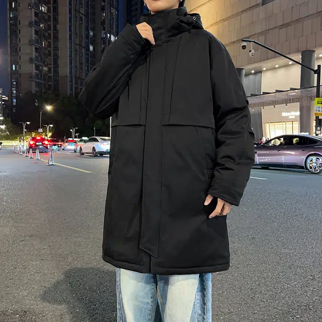 快鱼 美式高街复古纯色经典连帽中长款过膝面包服休闲宽松百搭保暖防风抗寒户外雪地外套棉服 男女同款