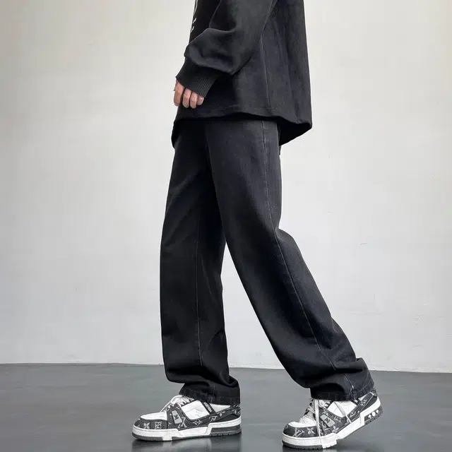 快鱼 复古纯色水洗工艺宽松休闲做旧阔腿直筒牛仔裤 男女同款