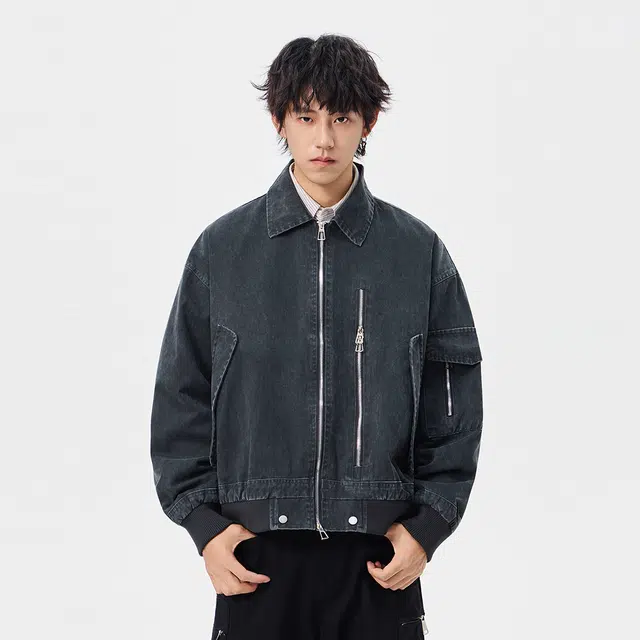 快鱼 美式高街复古经典设计感纯色做旧重水洗日常通勤宽松百搭痞帅翻领拉链休闲牛仔外套 男女同款