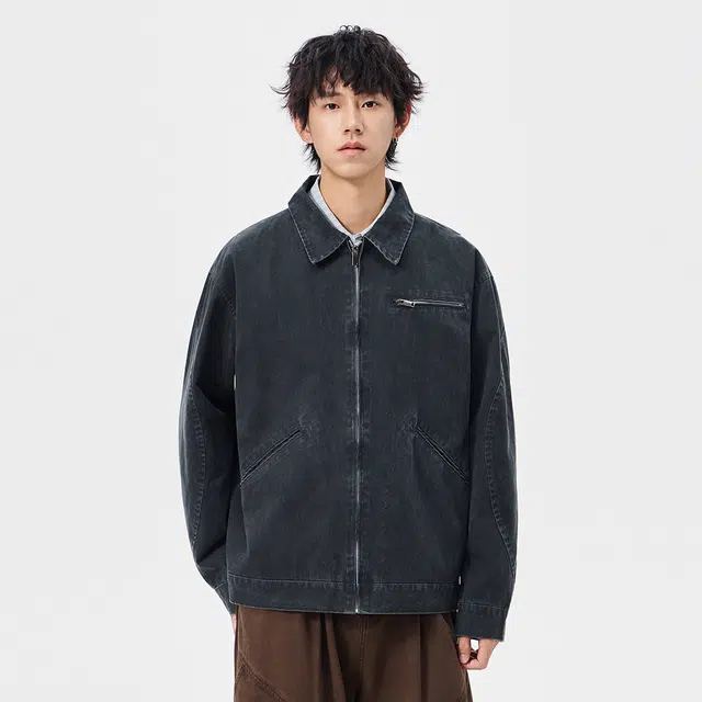 快鱼 美式复古高街机车美拉德纯色做旧重水洗经典百搭宽松休闲高级感翻领牛仔外套 男女同款