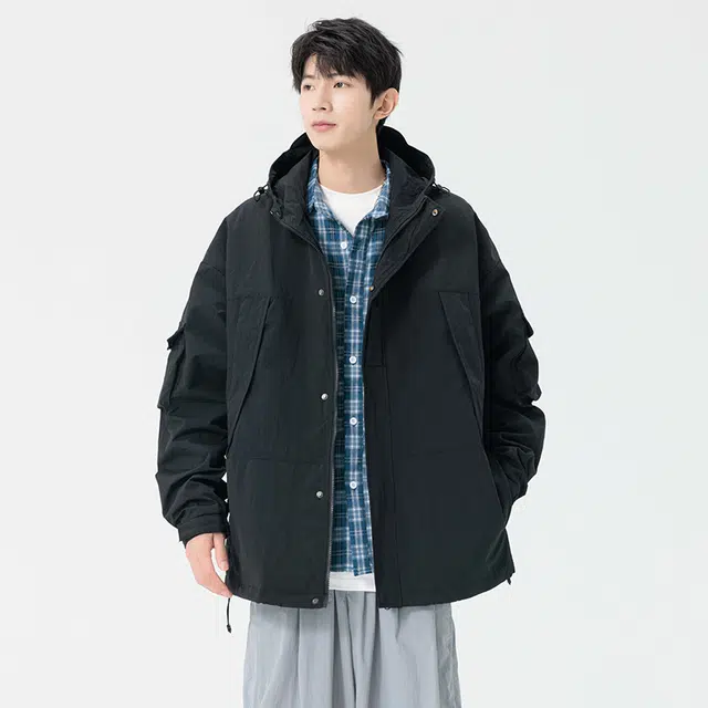 快鱼 简约纯色户外复古美式城市机能山系工装多口袋设计防风防水宽松休闲连帽夹克外套 男女同款