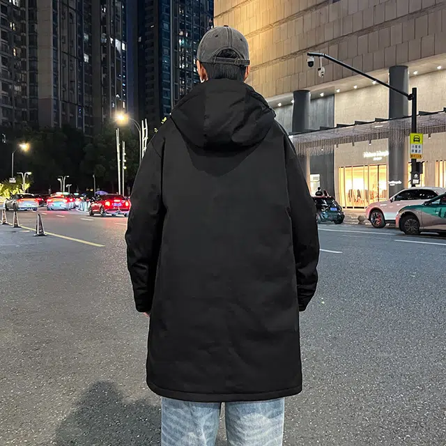 快鱼 美式高街复古纯色经典连帽中长款过膝面包服休闲宽松百搭保暖防风抗寒户外雪地外套棉服 男女同款