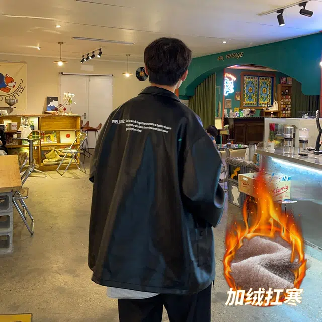 快鱼 潮流高街立领高级感加绒加厚防风保暖舒适机车服街头风时尚宽松休闲抗寒落肩长袖夹克外套皮衣 男女同款