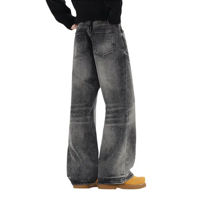快鱼 美式复古高街重水洗做旧猫须纹阔腿弯刀高级感中腰显高显瘦潮流时尚通勤百搭休闲垂感柔软透气直筒牛仔裤 男女同款