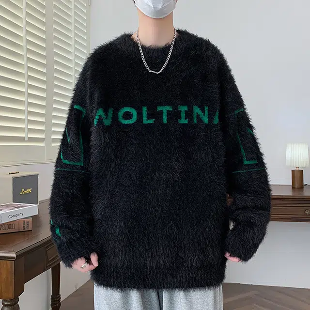 快鱼 美式复古高街学院风纯色字母印花圆领落肩袖设计潮流时尚宽松休闲舒适百搭毛衣打底针织衫 男女同款