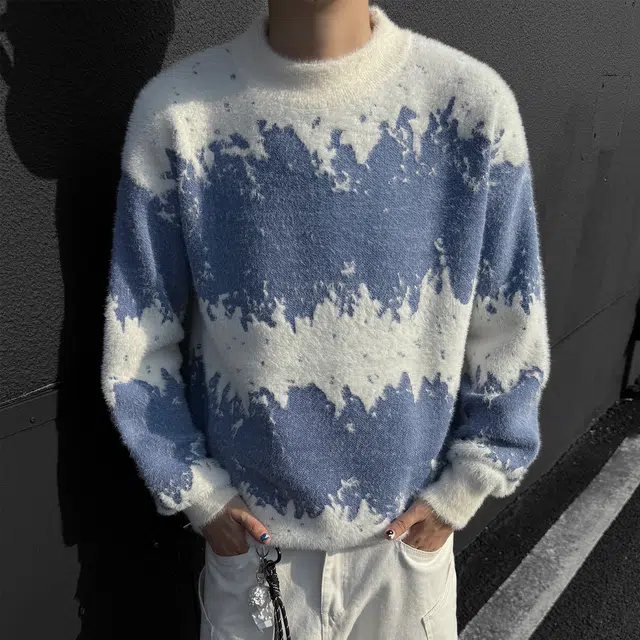 快鱼 美式复古圆领扎染渐变宽松休闲套头保暖舒适毛衣 男女同款