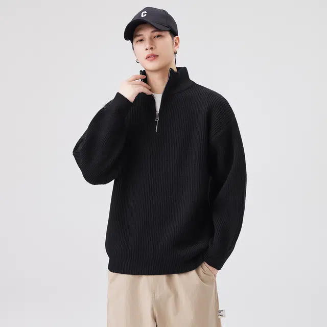 快鱼 美式复古高街慵懒风半拉链立领高级感设计宽松休闲时尚百搭日常通勤打底衫毛衣 男女同款