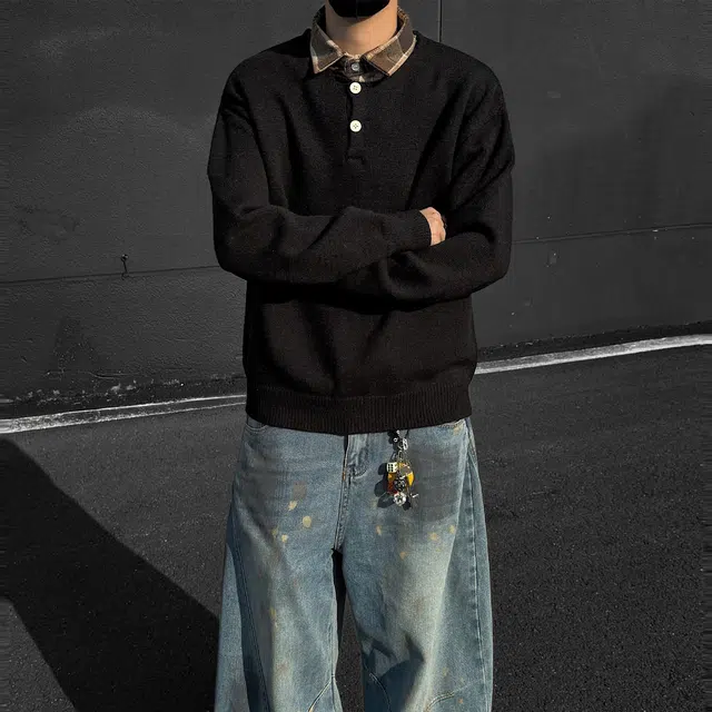 快鱼 潮流高街纯色简约格子翻领假两件打底上衣宽松休闲慵懒套头舒适百搭长袖毛衣 男女同款