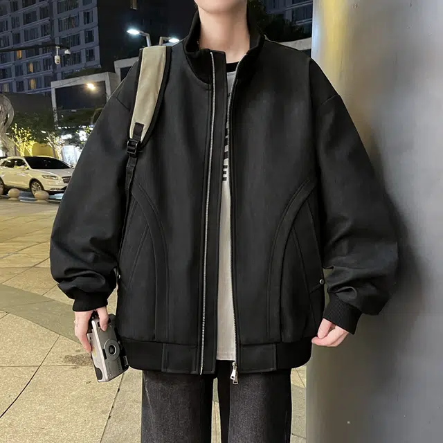 快鱼 美式复古高街纯色大码立领宽松外套拼接结构设计日常通勤百搭潮流皮衣 男女同款