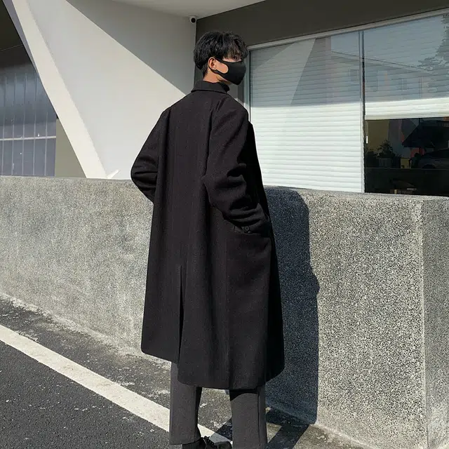 快鱼 轻熟风韩版纯色双排扣设计休闲宽松户外通勤长款外套大衣 男女同款