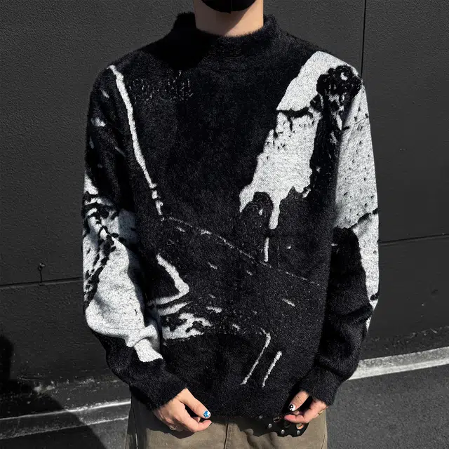 快鱼 高级绒感美式高街系列不规则泼墨扎染半高领设计舒适慵懒宽松内搭加厚保暖打底针织长袖毛衣 男女同款