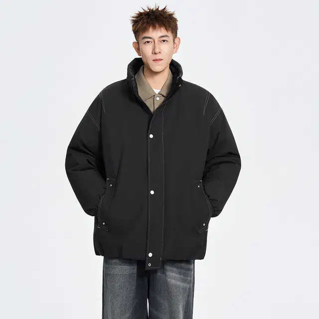 快鱼 美式复古纯色拼接百搭舒适立领防风抗寒工装棉袄外套时尚休闲宽松落肩飞行员教练夹克棉服 男女同款