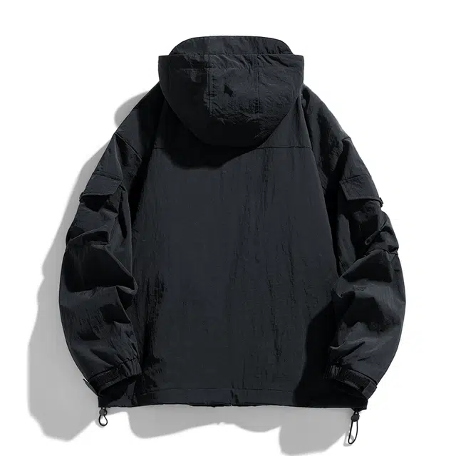 快鱼 简约纯色户外复古美式城市机能山系工装多口袋设计防风防水宽松休闲连帽夹克外套 男女同款