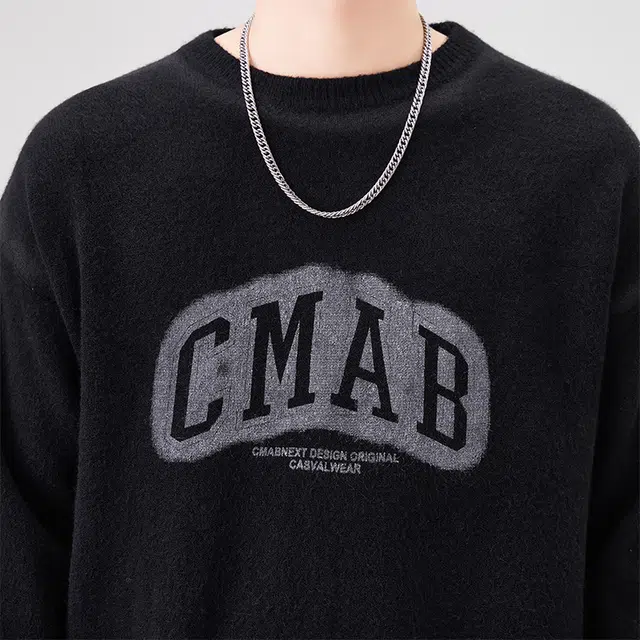 快鱼 美式高街潮流学院风纯色字母印花圆领宽松休闲时尚百搭日常通勤长袖打底衫毛衣 男女同款